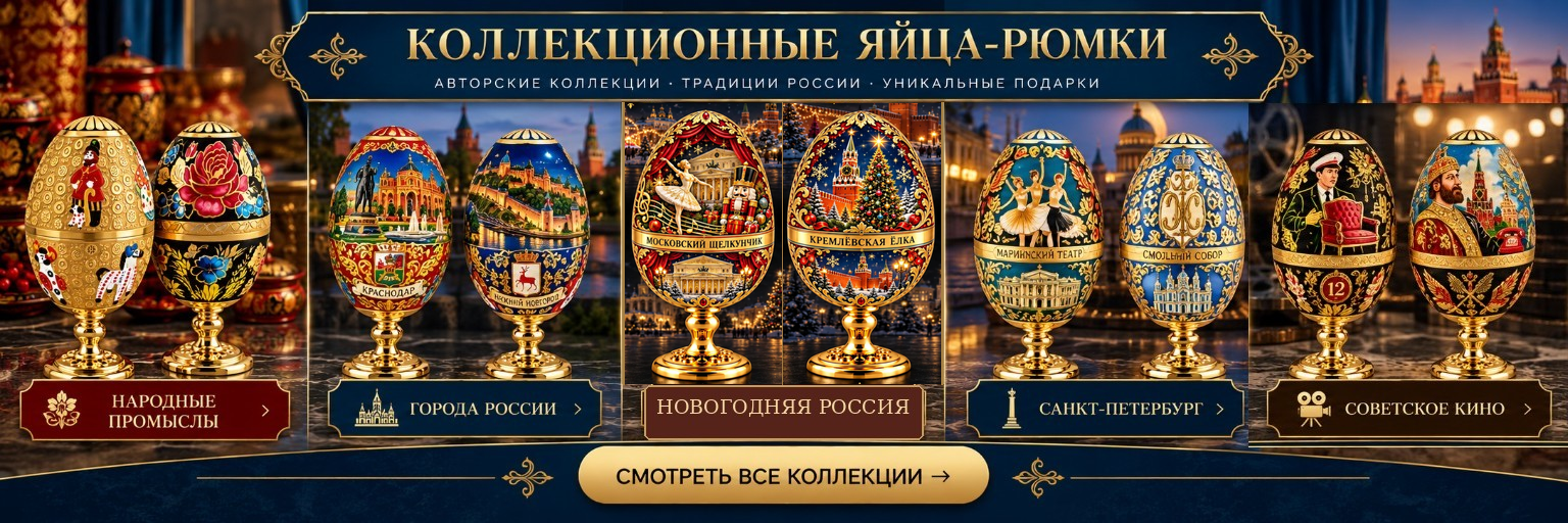 Коллекционные яйца-рюмки: народные промыслы, города России, Новогодняя Россия, Санкт-Петербург и советское кино